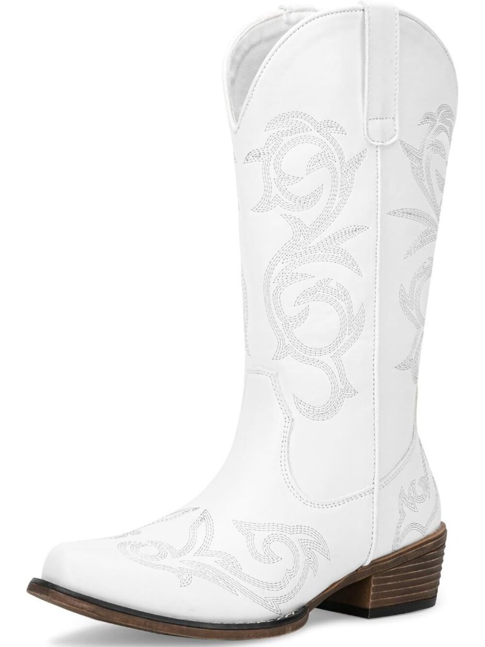 Women's White Retro Cowgirl Boots Wide Calf Mid Calf Western Low Chunky Heels